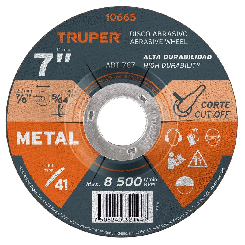 Disco abrasivo corte de metal 7" tipo 41 x 2 mm uso general Truper