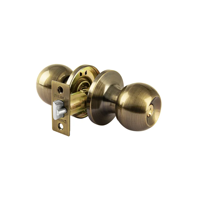 Cerradura de pomo tipo esfera, mecanismo tubular, recámara, latón antiguo, Hermex Basic