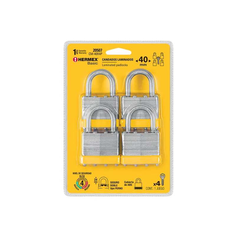 Juego de 4 candados cuerpo laminado, 40 mm, misma llave, Hermex Basic