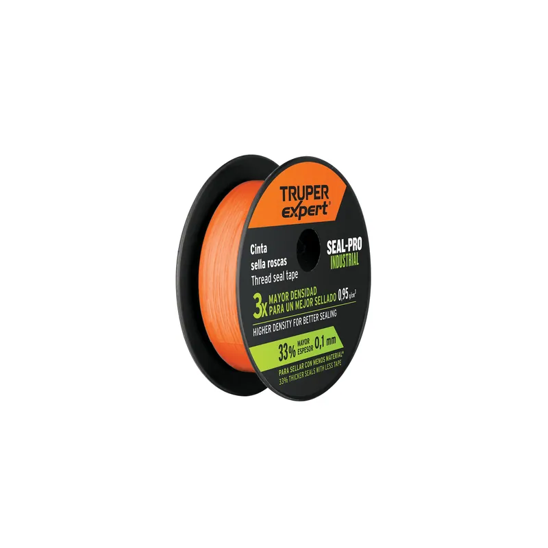 Cinta teflón sella roscas Truper 1/2" x 7 m industrial Seal Pro (naranja, apta gas)