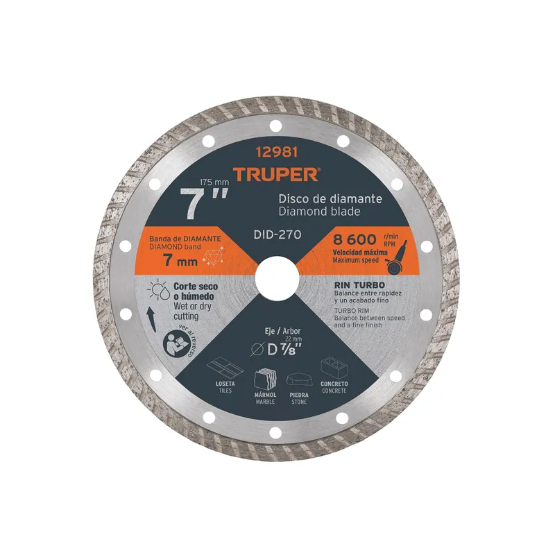 Disco de diamante 7" x 2.8 mm rin turbo, usos generales Truper