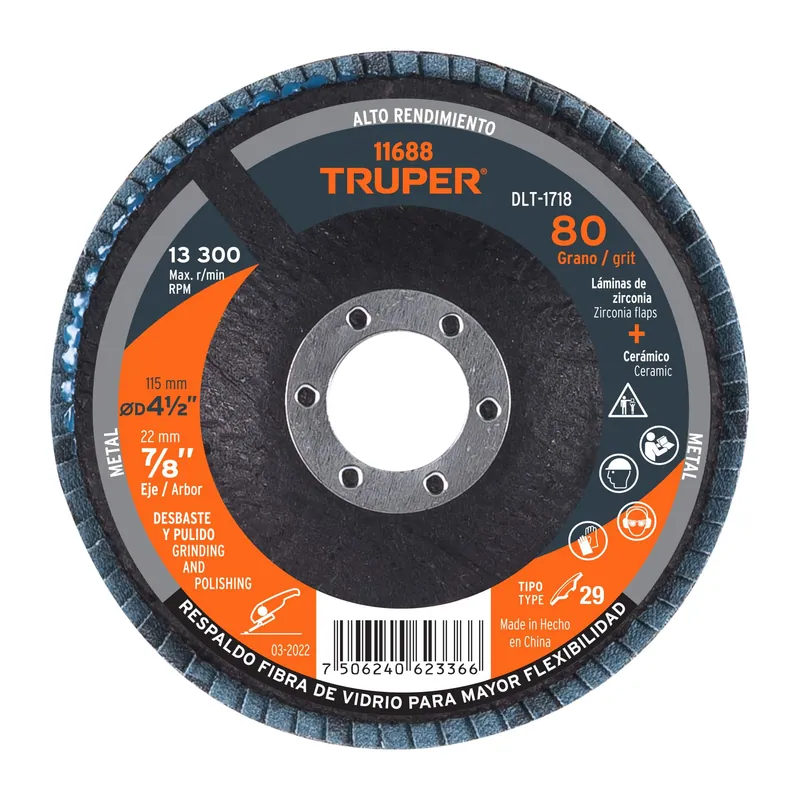 Disco laminado (flap) 4-1/2" grano 80 centro 7/8" zirconia Truper