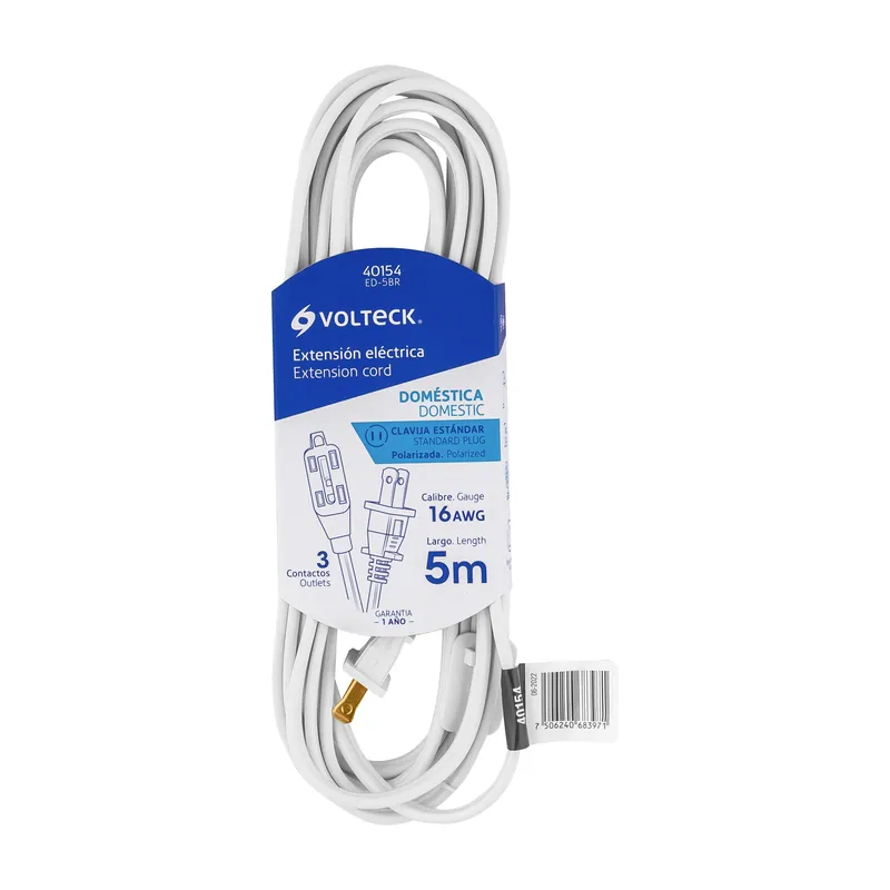 Extensión eléctrica doméstica 5 m clavija recta, blanca