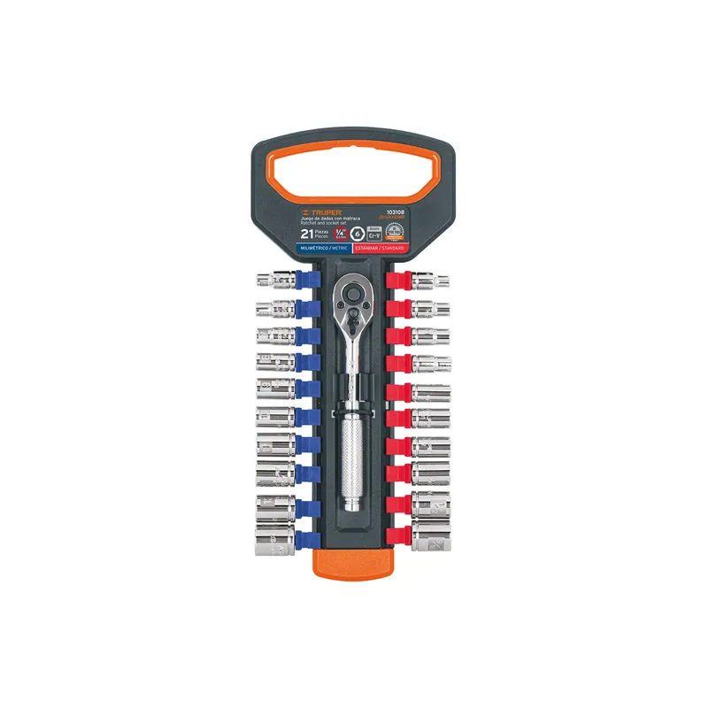 Juego de dados mm y std con matraca, cuadro 1/4", 20 piezas