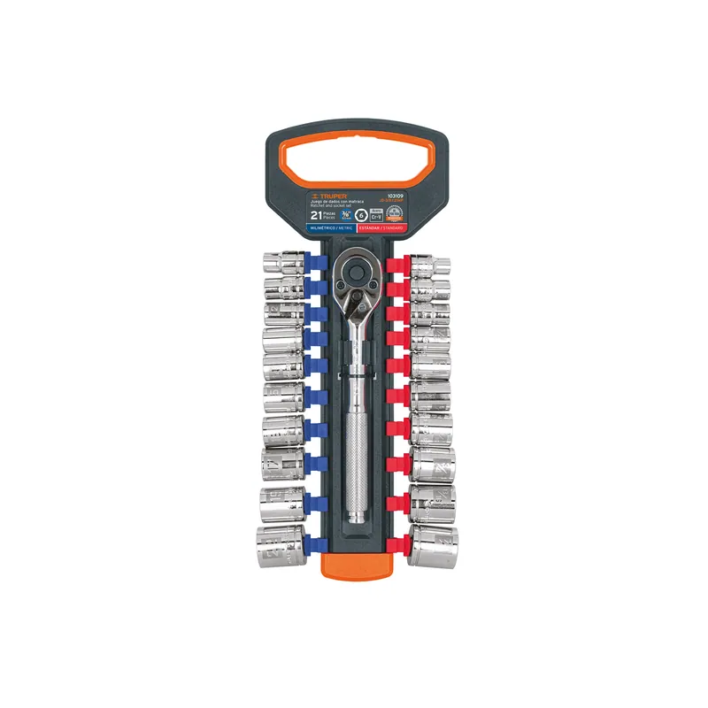 Juego de dados mm y std con matraca, cuadro 3/8", 21 piezas
