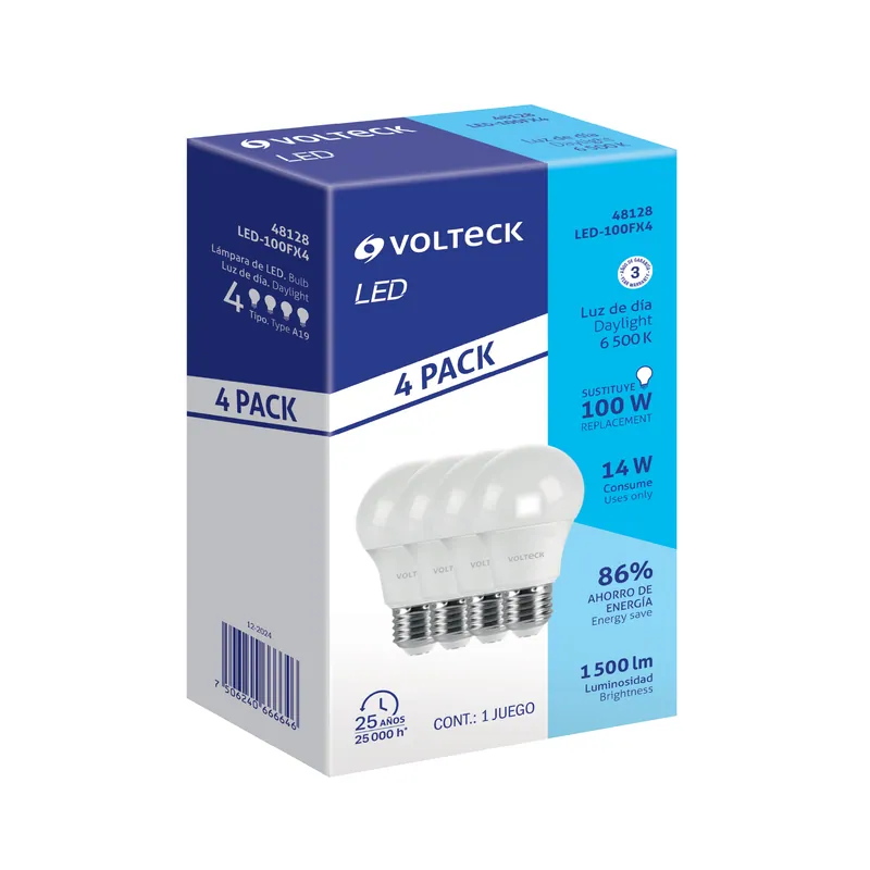 Pack 4 focos LED A19 14 W (equiv. 100 W) luz de dia, Volteck (Truper)