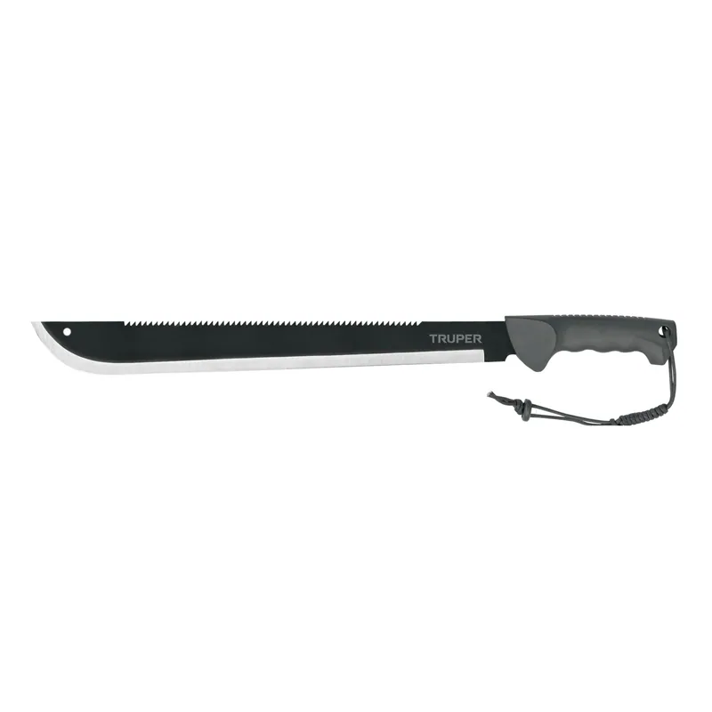 Machete doble filo 18", cacha inyectada (bimaterial), con funda de poliester