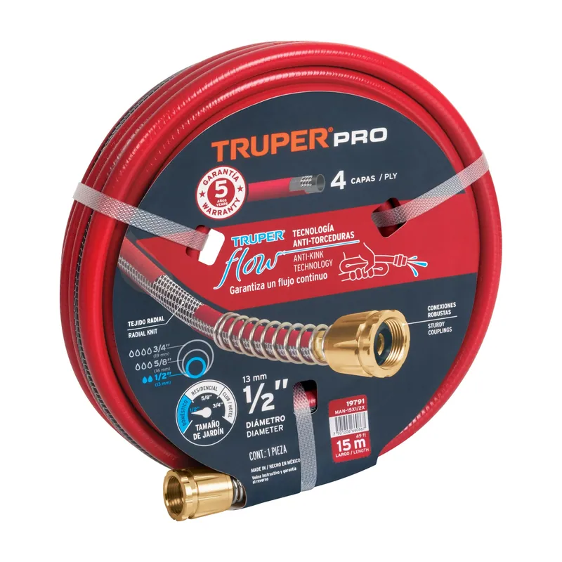 Manguera super reforzada 4 capas, conexiones metalicas (laton), 1/2", 15 m