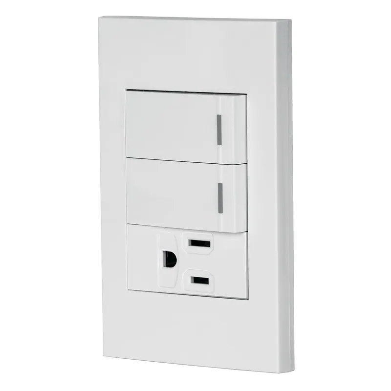 Placa armada 2 interruptores,1 contacto,1mod,Española,blanco
